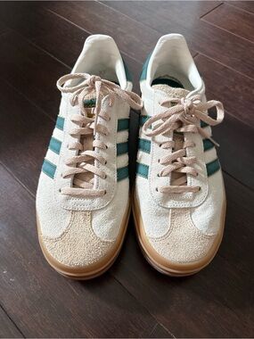 adidas Women's Gazelle Cream Suede Sneakers with Green Stripes